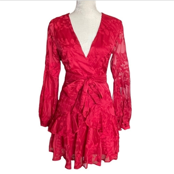 Hello Molly Long Sleeve Red Plunge I Hear A Rumor Ruffle Mini Dress Small Ruffle - Picture 6 of 8